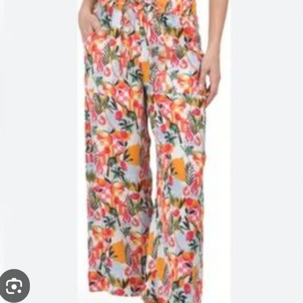 C&C California Vibrant Tropical Fruit Print Linen Wide Leg Pants Size Medium